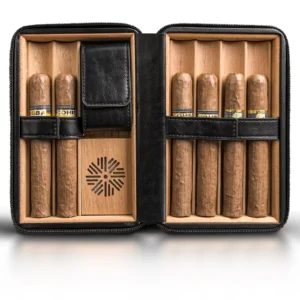 CIGAROL Leather & Wood Travel Cigar Humidor Case for 6 Cigars – Includes Cutter, Lighter & Humidifier | Premium Portable Cigar Box with Strap