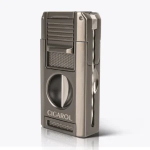 CIGAROL 5-in-1 Multifunctional Cigar Torch Lighter – Double Jet Flame with Built-in V-Cutter, Punch, & Cigar Rest (Silver)